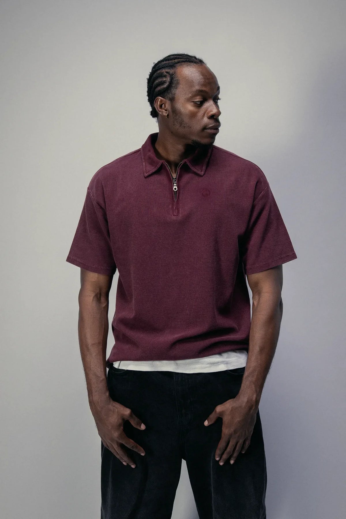 The Standard Zip Polo in Oxblood, worn, front