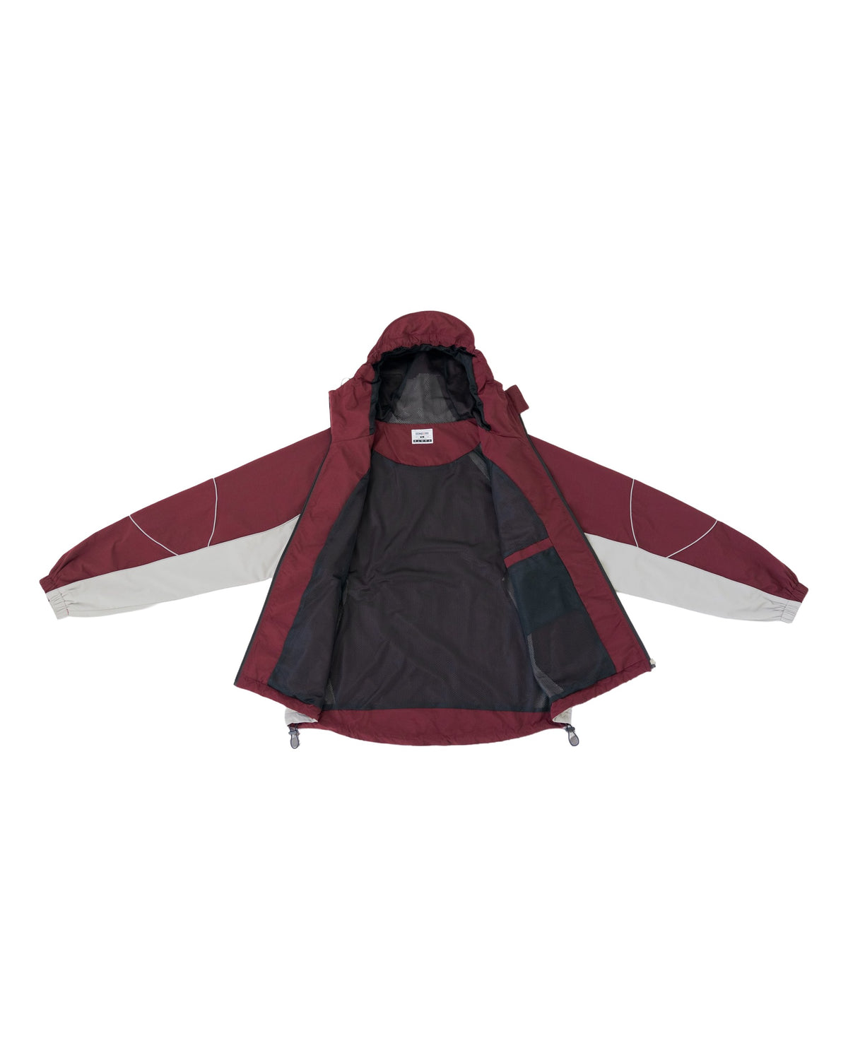 Contour Tech Jacket in Oxblood / Stone, open, showing the lining
