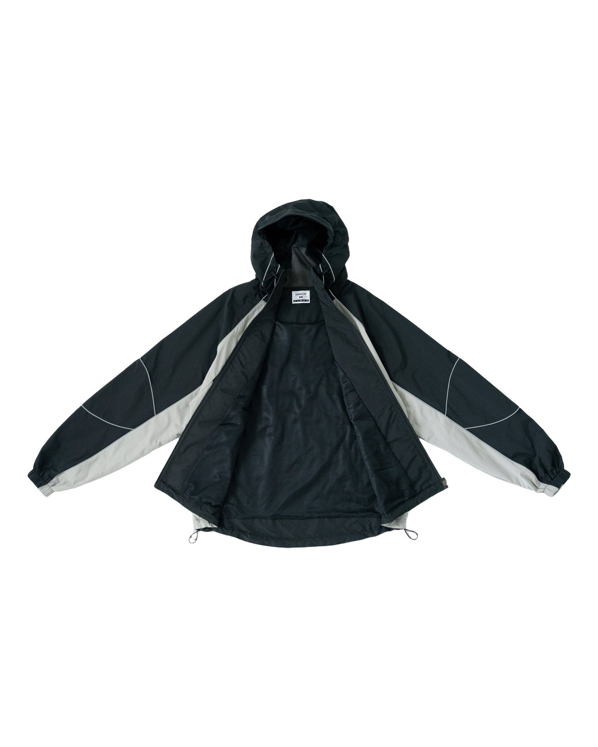 Contour Tech Jacket in Black / Stone, open, showing the lining