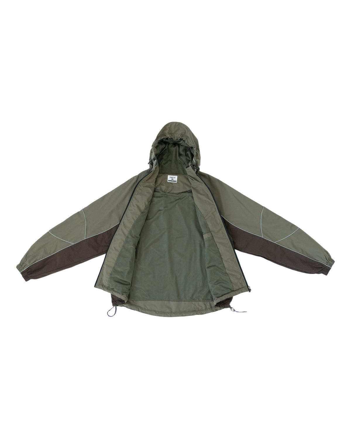 Contour Tech Jacket in Olive / Earth, open, showing the lining