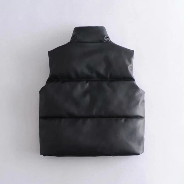 Sleek Stand-Collar Leather Vest - Black